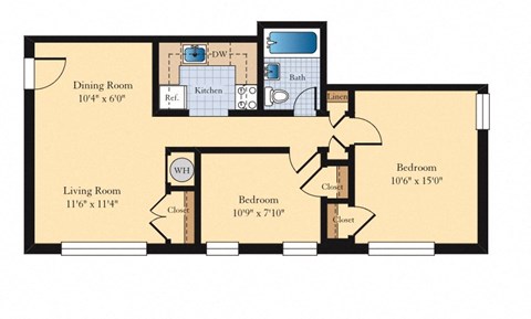 2 bed 1 bath B1 Floor Plan at The Fields of Falls Church, Falls Church, Virginia